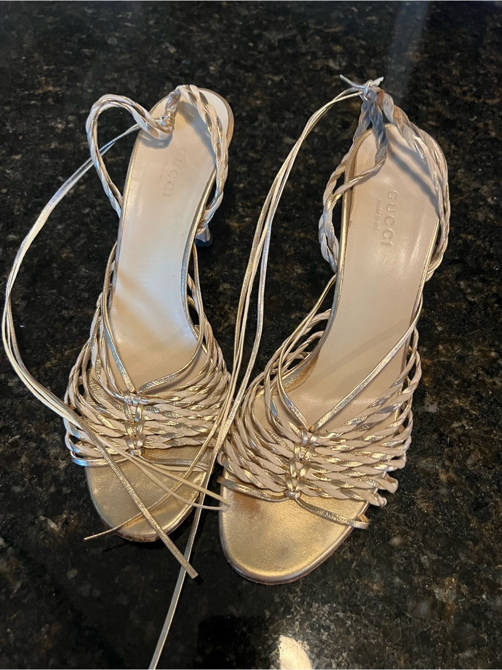 Gucci Braided Lace-Up Metallic Gold Heels